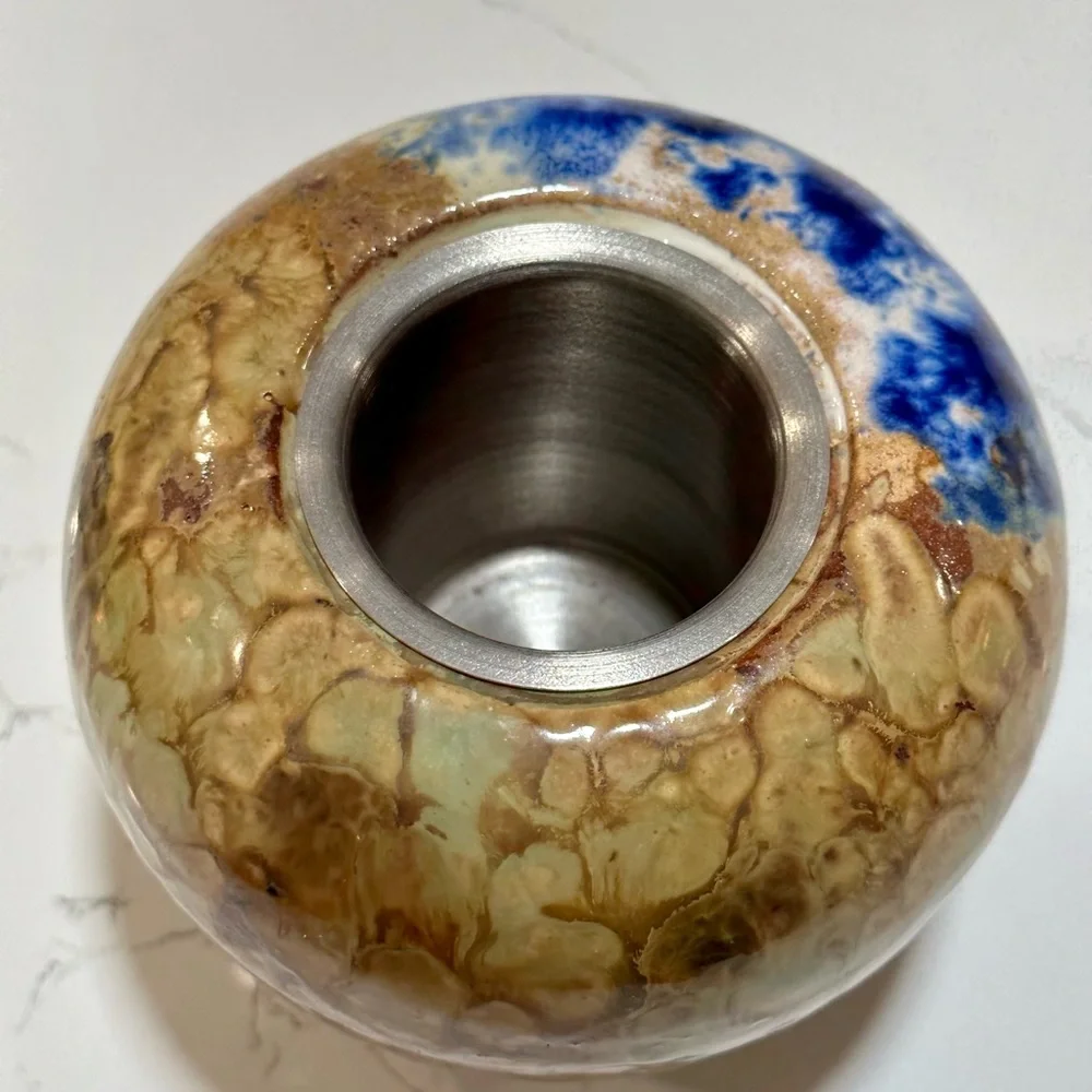 Drip glazed candle holder with metal insert Blue and brown modern candle holder